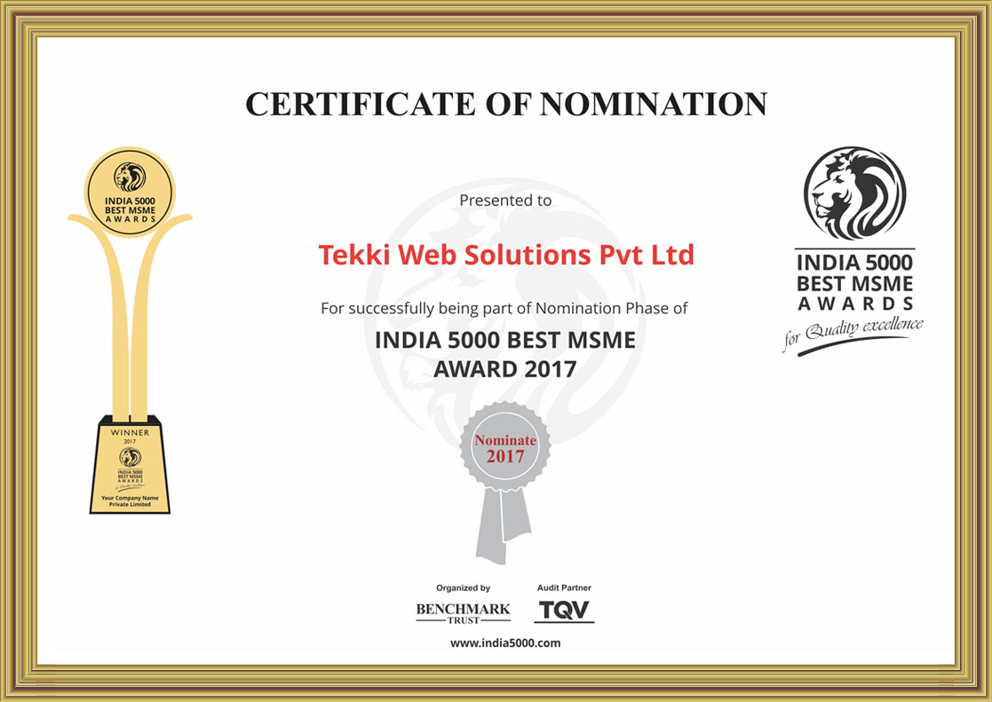 Certificate of Nomination INDIA 5000 Best MSME Award 2017